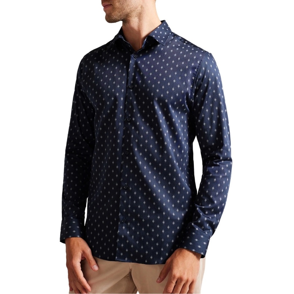 Ted Baker 7 /3XL Navy Ardea Pen Dot Slim Fit Button-Up Shirt Long Sleeve